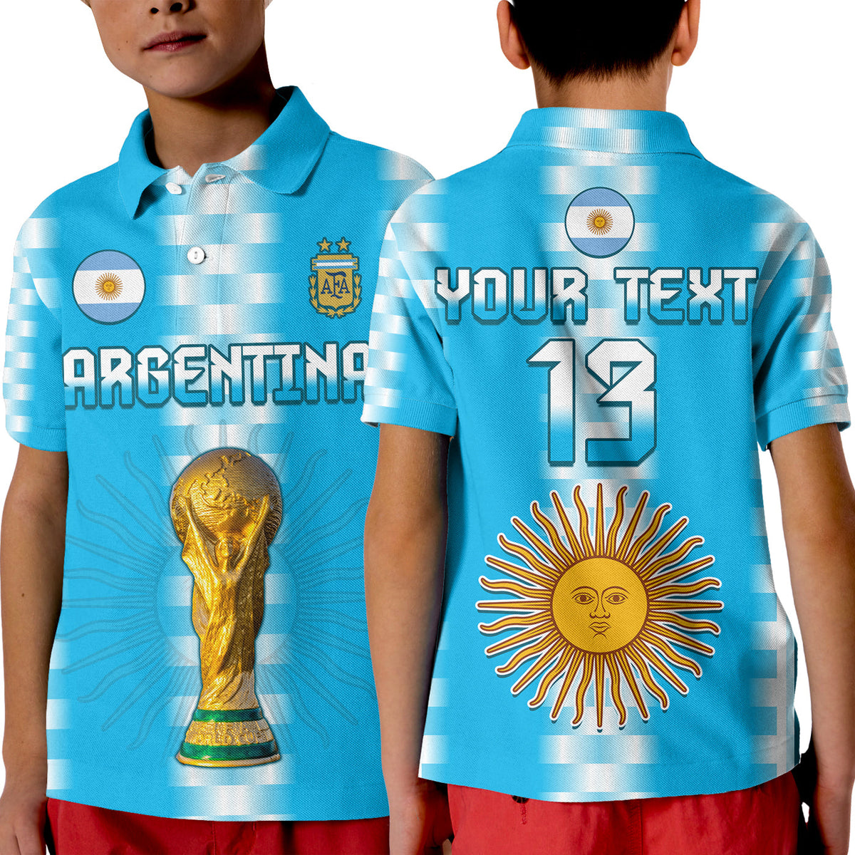 Blue Argentina polo shirt showing front with ARGENTINA text and trophy, and back with YOUR TEXT 13