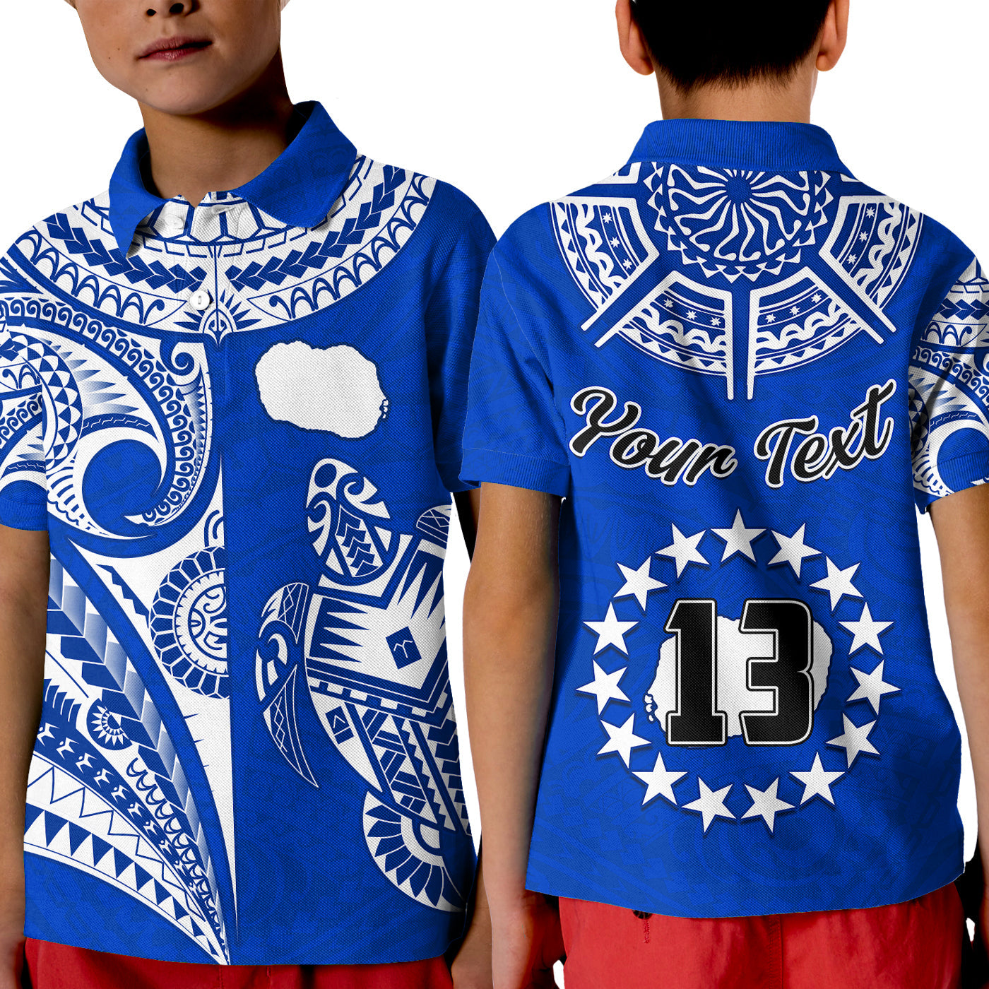 custom-text-and-number-rarotonga-cook-islands-polo-shirt-kid-turtle-and-map-style-blue