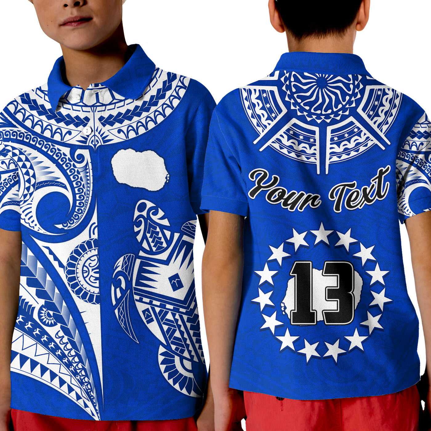 (Custom Text and Number) Rarotonga Cook Islands Polo Shirt KID Turtle and Map Style Blue LT13 - Wonder Print Shop
