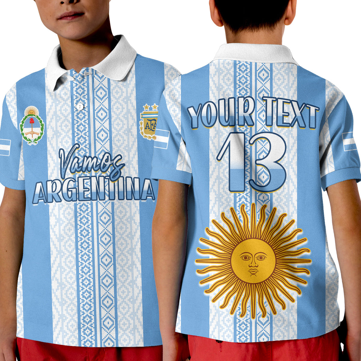 Argentina football polo shirt, blue-and-white stripes, back print “YOUR TEXT 13” and sun graphic