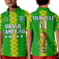 Kids green football polo with yellow grid, front BRASIL CAMPEAO print and star crest