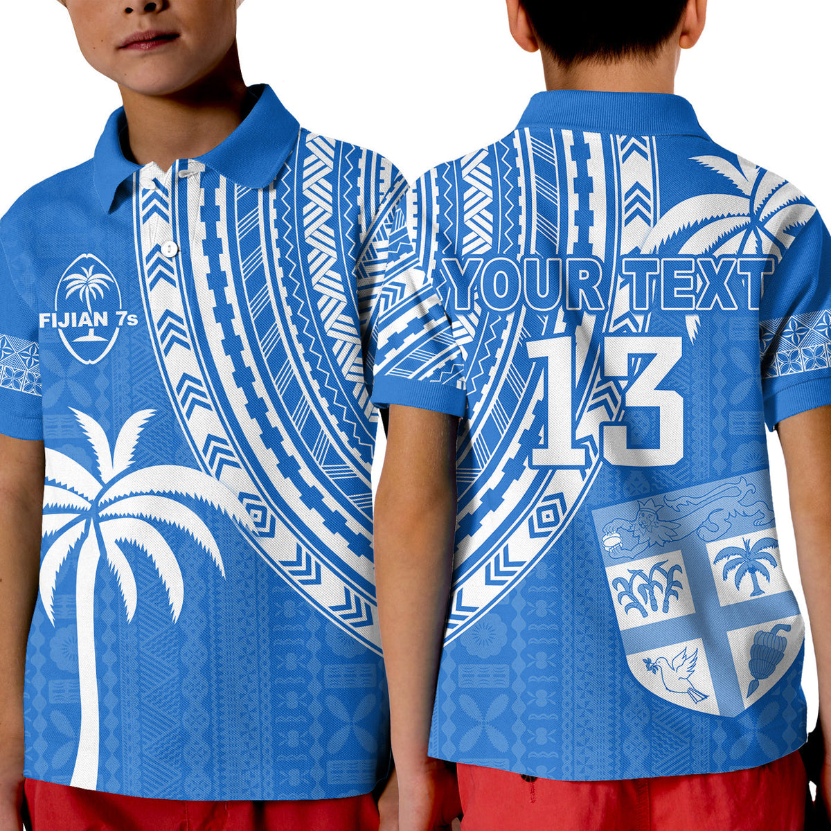 Blue kid rugby polo with 'YOUR TEXT' and number 13 on back, short sleeves