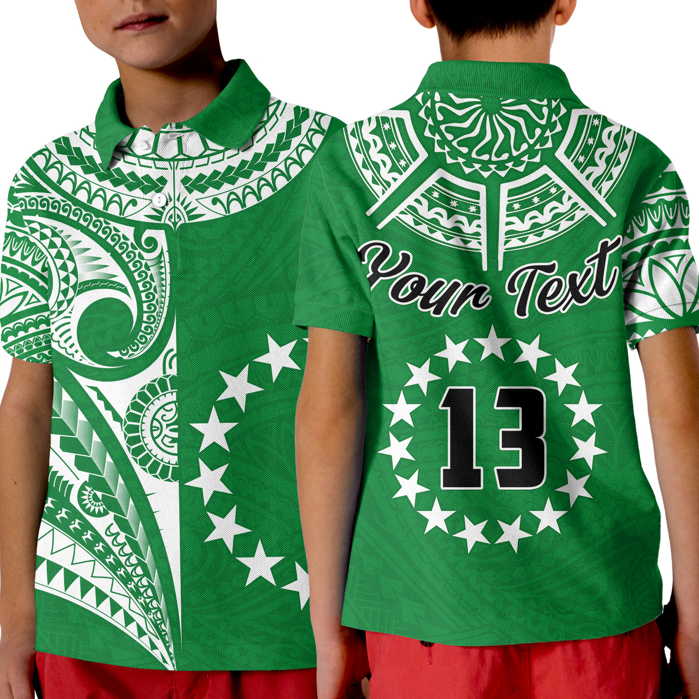 custom-text-and-number-cook-islands-tatau-polo-shirt-kid-symbolize-passion-stars-version-green
