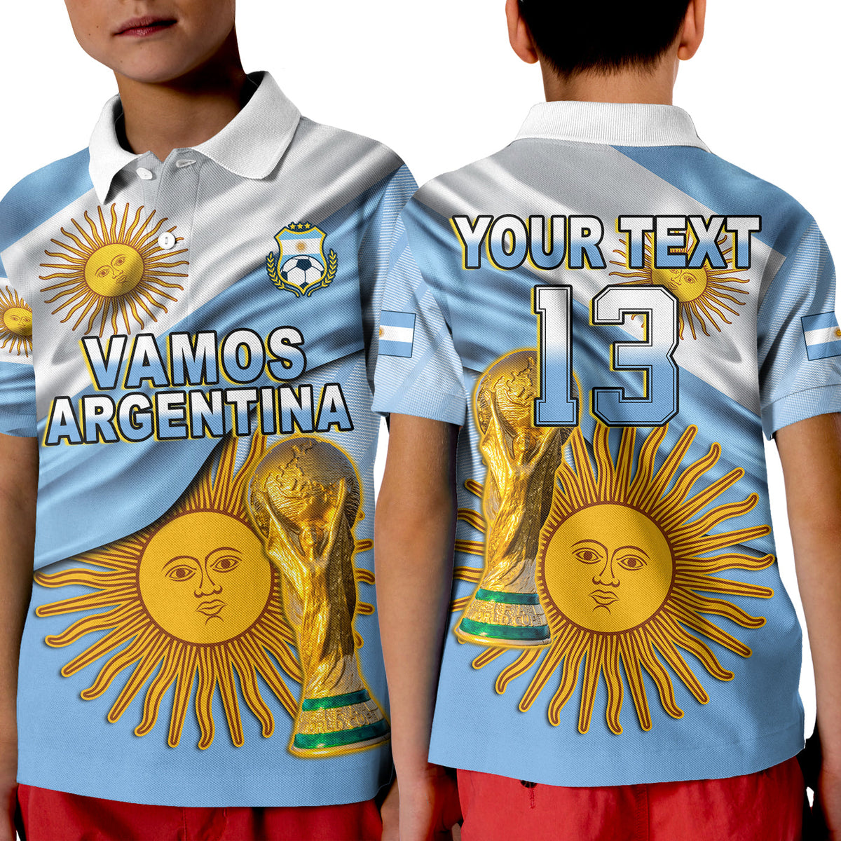 (Custom Text and Number) Football Polo Shirt KID Vamos La Albiceleste Champions World Cup Vibe Flag LT13 - Wonder Print Shop