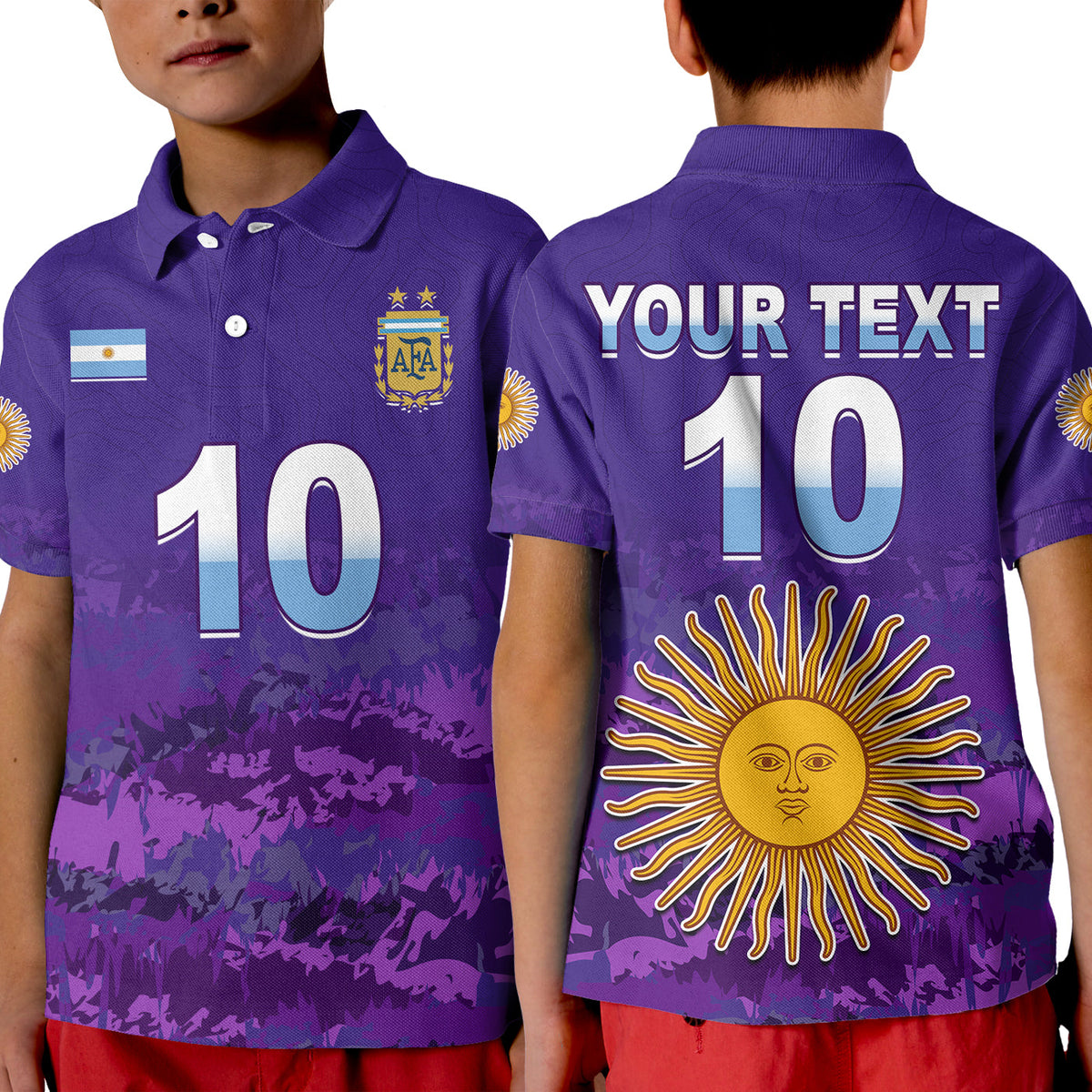 Purple kids football polo shirt front and back, number 10 and 'YOUR TEXT' on back