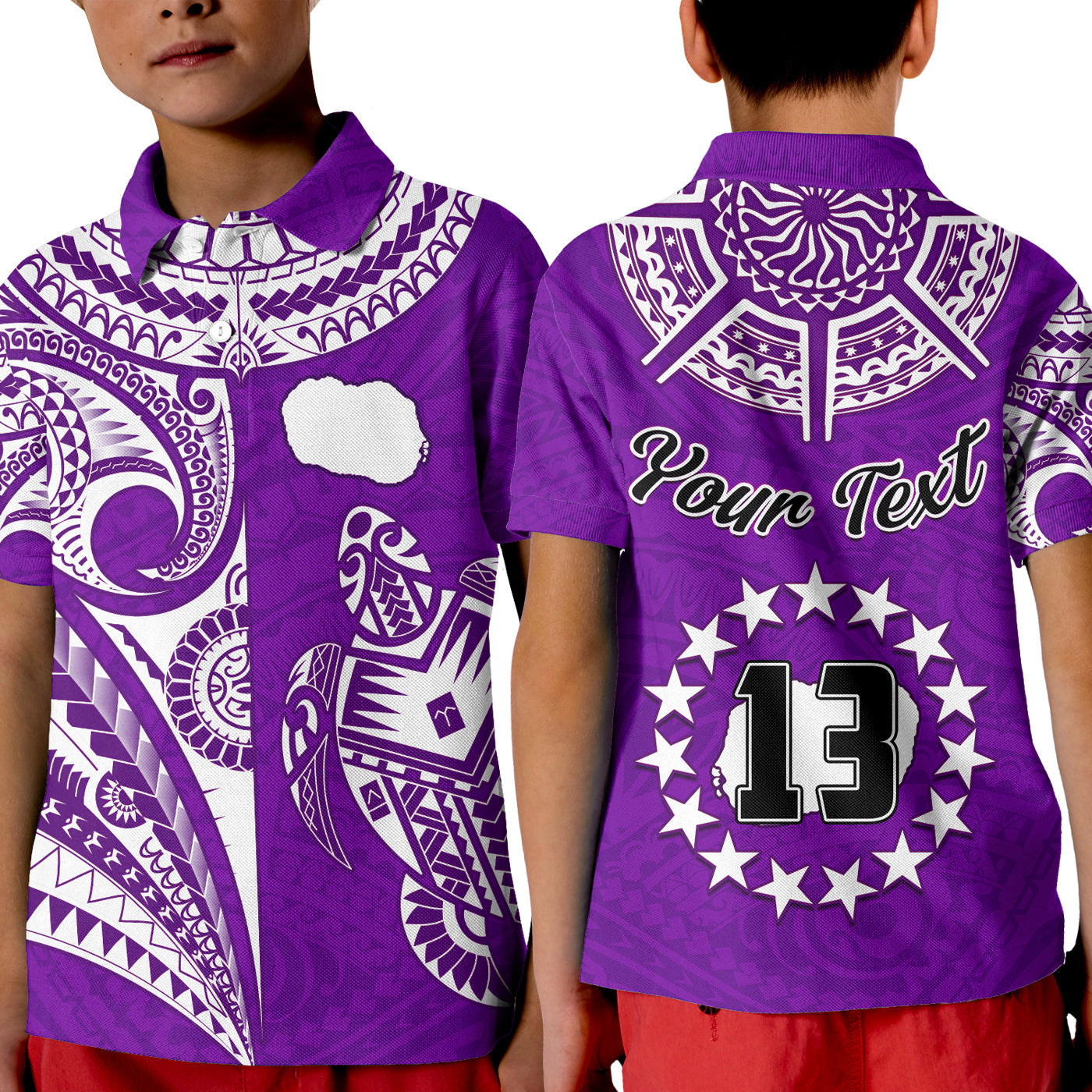 custom-text-and-number-rarotonga-cook-islands-polo-shirt-kid-turtle-and-map-style-purple