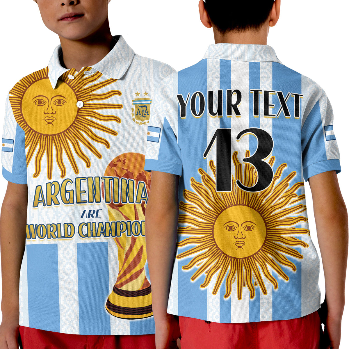 (Custom Text and Number) Argentina Football Polo Shirt KID World Champions 2022 Dream Come True LT13 - Wonder Print Shop