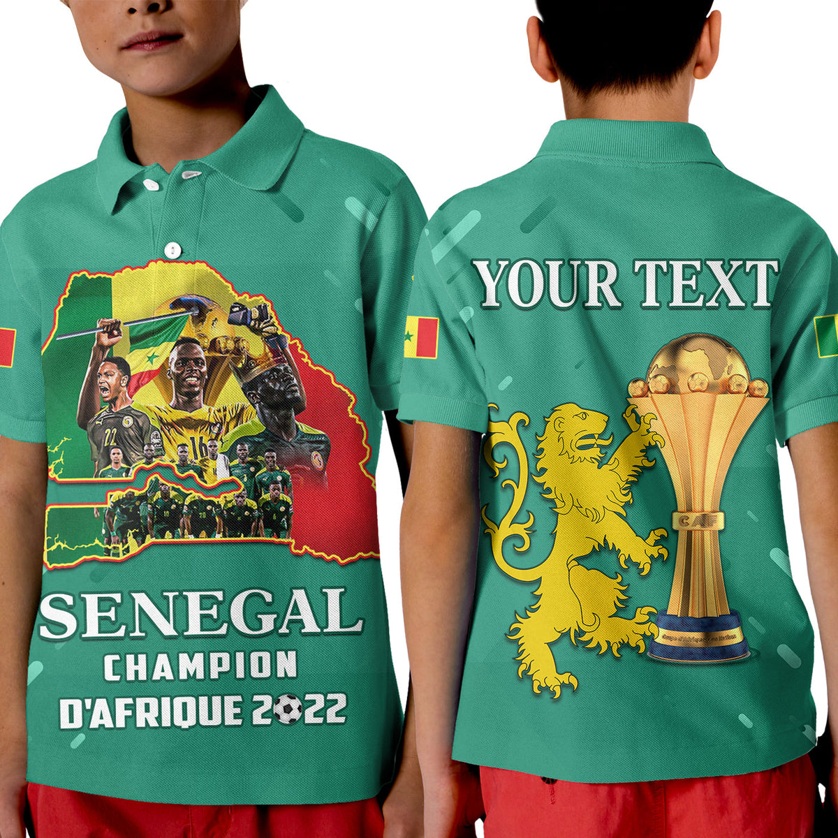 Custom Senegal Football Polo Shirt KID The Champions 2022 Style Map and Lion LT13 - Wonder Print Shop
