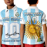 Kids Argentina football polo shirt in blue and white stripes showing front and back number 10 graphics