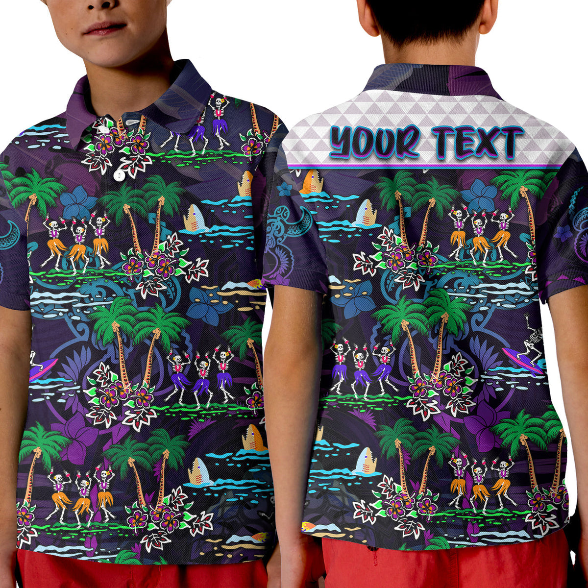 Custom Hawaii Skeleton Dancing Polo Shirt KID Halloween Hawaiian Turtle LT13 - Wonder Print Shop