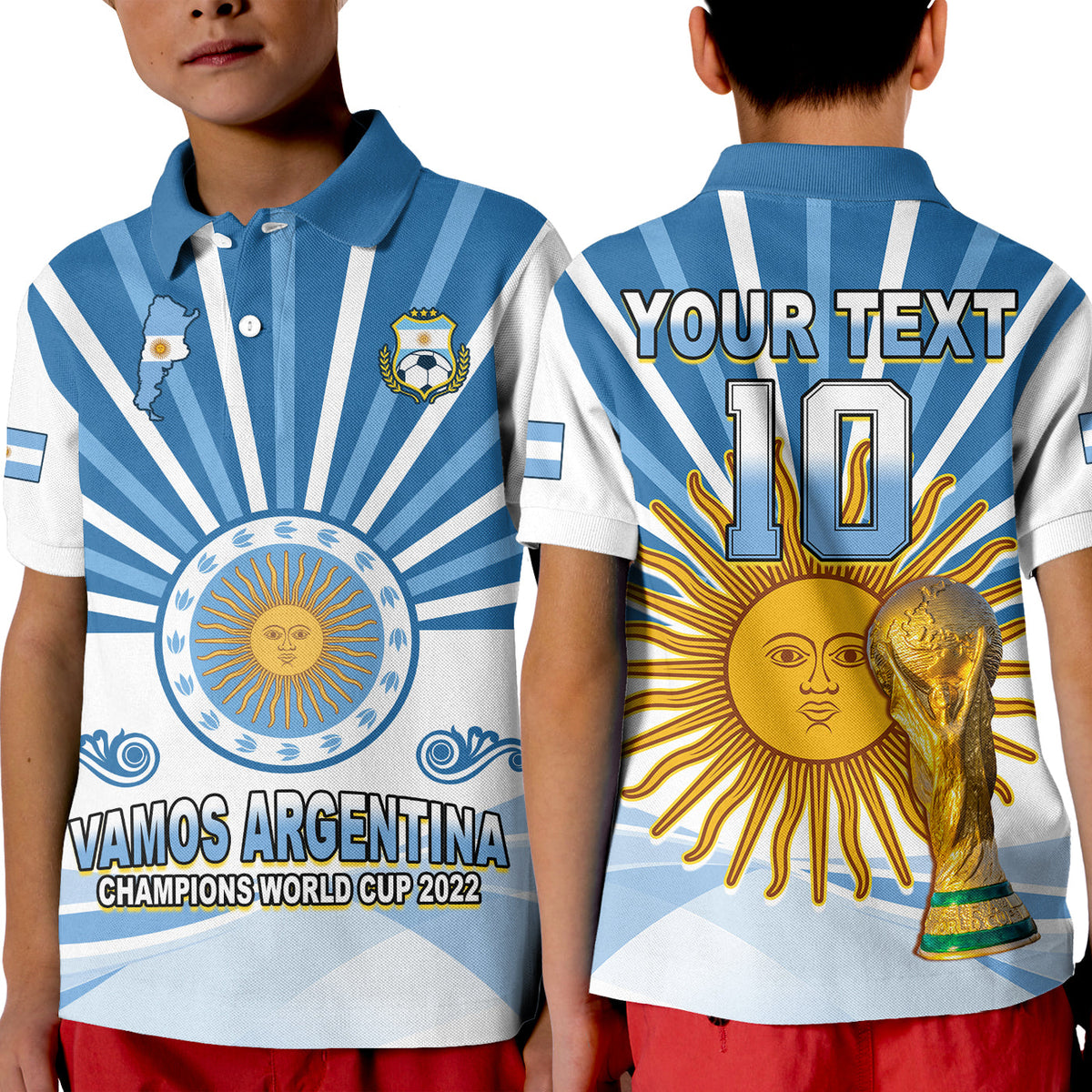 (Custom Text and Number) Argentina Football Polo Shirt KID The Sun WC2022 Soccer Vamos La Albiceleste LT13 - Wonder Print Shop