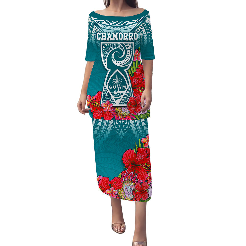custom-personalised-guam-chamorro-puletasi-dress-guaman-latte-stone-tropical-flowers-turquoise-version