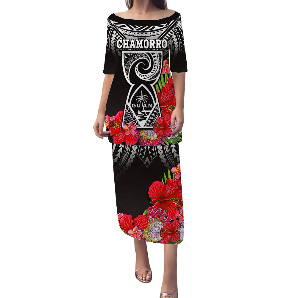custom-personalised-guam-chamorro-puletasi-dress-guaman-latte-stone-tropical-flowers-black-version