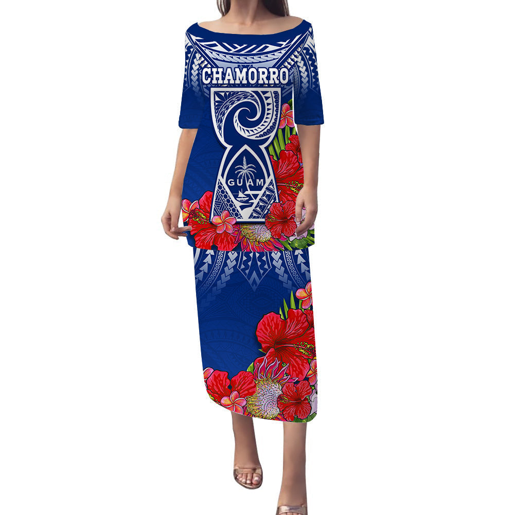 custom-personalised-guam-chamorro-puletasi-dress-guaman-latte-stone-tropical-flowers-blue-version