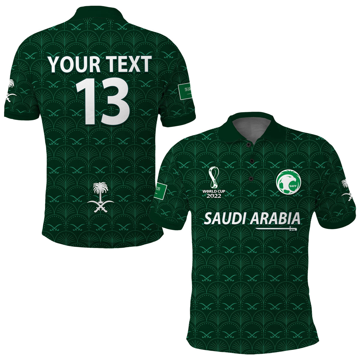 (Custom Text and Number) Saudi Arabia Football Polo Shirt Saudi Green Falcon Champions 2022 World Cup LT13 - Wonder Print Shop