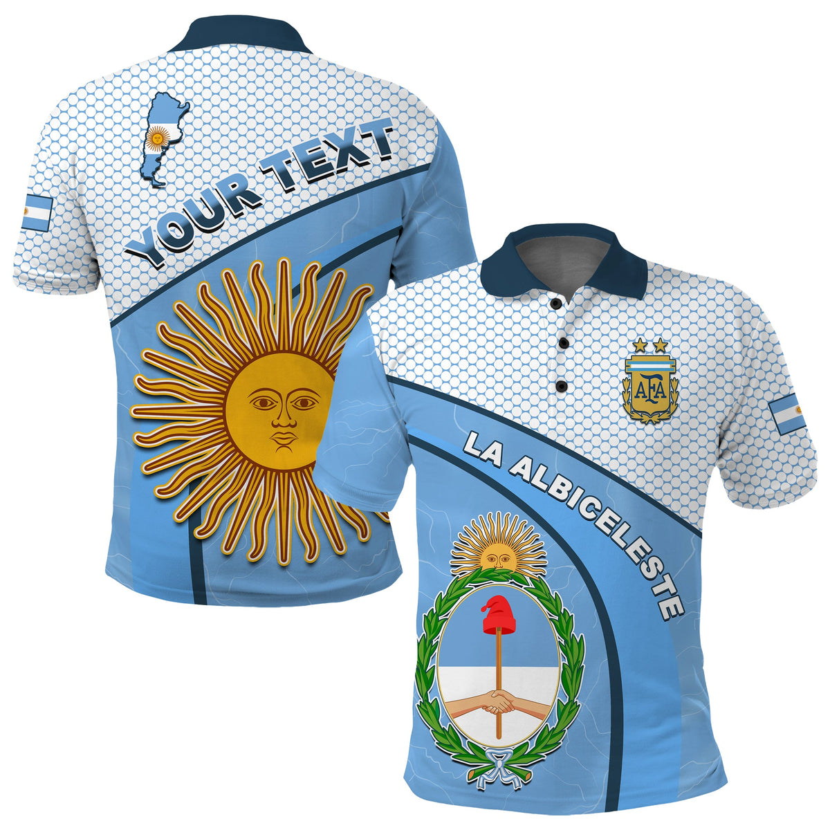 Polo celeste y blanco con estampado en espalda y shorts a juego con escudo AFA
