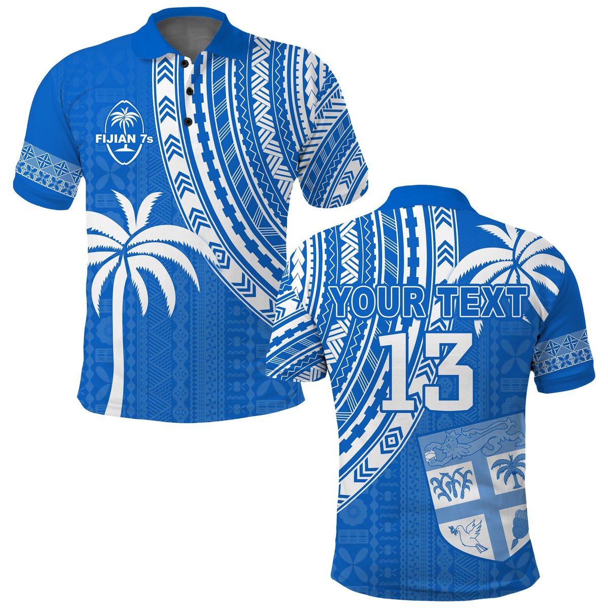 Custom Text and Number Fiji Rugby Sevens Polo Shirt Fijian 7s Tapa Polynesian Blue Ver.01 LT13 - Wonder Print Shop