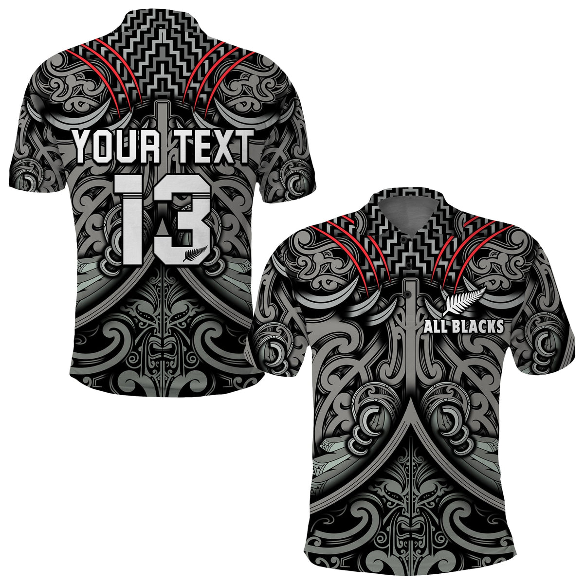 Custom Text and Number New Zealand Silver Fern Rugby Polo Shirt All Black NZ Maori Pattern LT13 - Wonder Print Shop