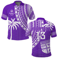 Purple rugby sevens polo shirt with button placket, tribal pattern, front logo and palm graphic