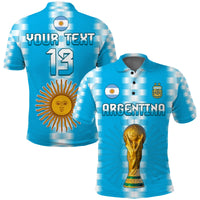 Blue Argentina football polo shirt with YOUR TEXT 13, sun emblem, and flag patch on back