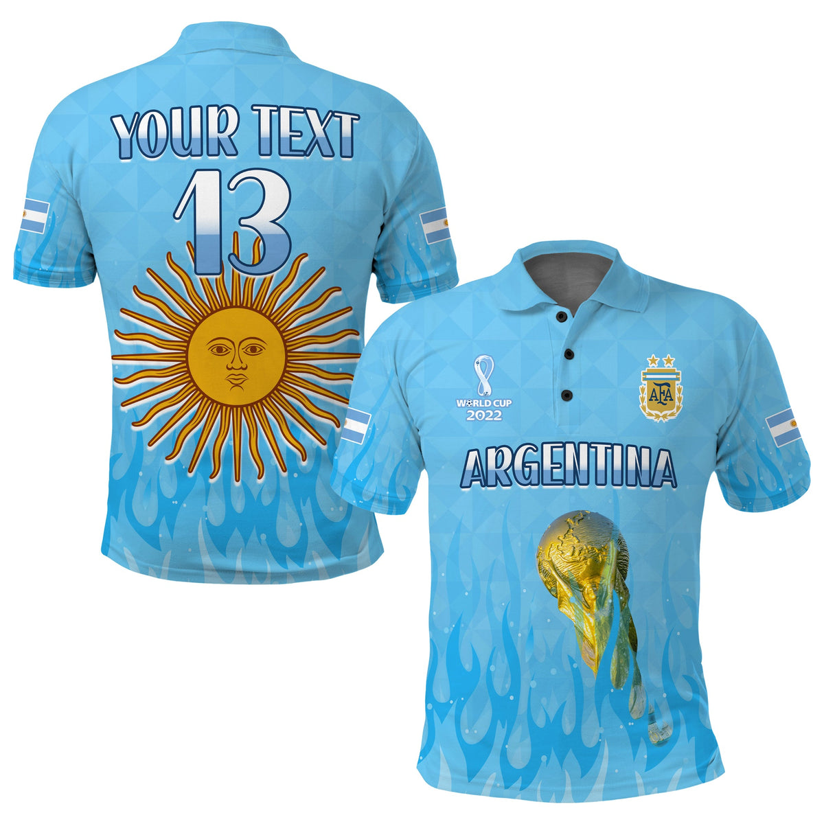 (Custom Text and Number) Argentina Football Polo Shirt Vamos Sky Champions World Cup Fire LT13 - Wonder Print Shop