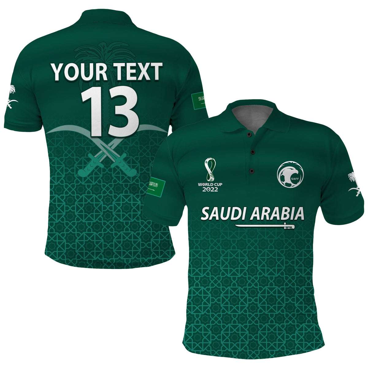 (Custom Text and Number) Saudi Arabia Football Polo Shirt KSA Swords Pattern Saudi Green Champions LT13 - Wonder Print Shop