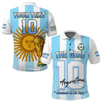 Argentina football polo shirt in blue and white stripes with back number 10 and sun trophy art