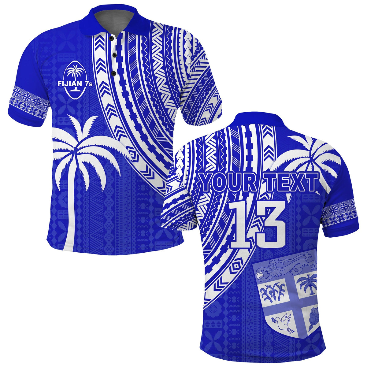 Custom Text and Number Fiji Rugby Sevens Polo Shirt Fijian 7s Tapa Polynesian Blue Ver.02 LT13 - Wonder Print Shop