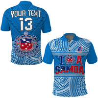 Blue rugby polo shirt with back text "YOUR TEXT" and number 13, Samoan pattern.