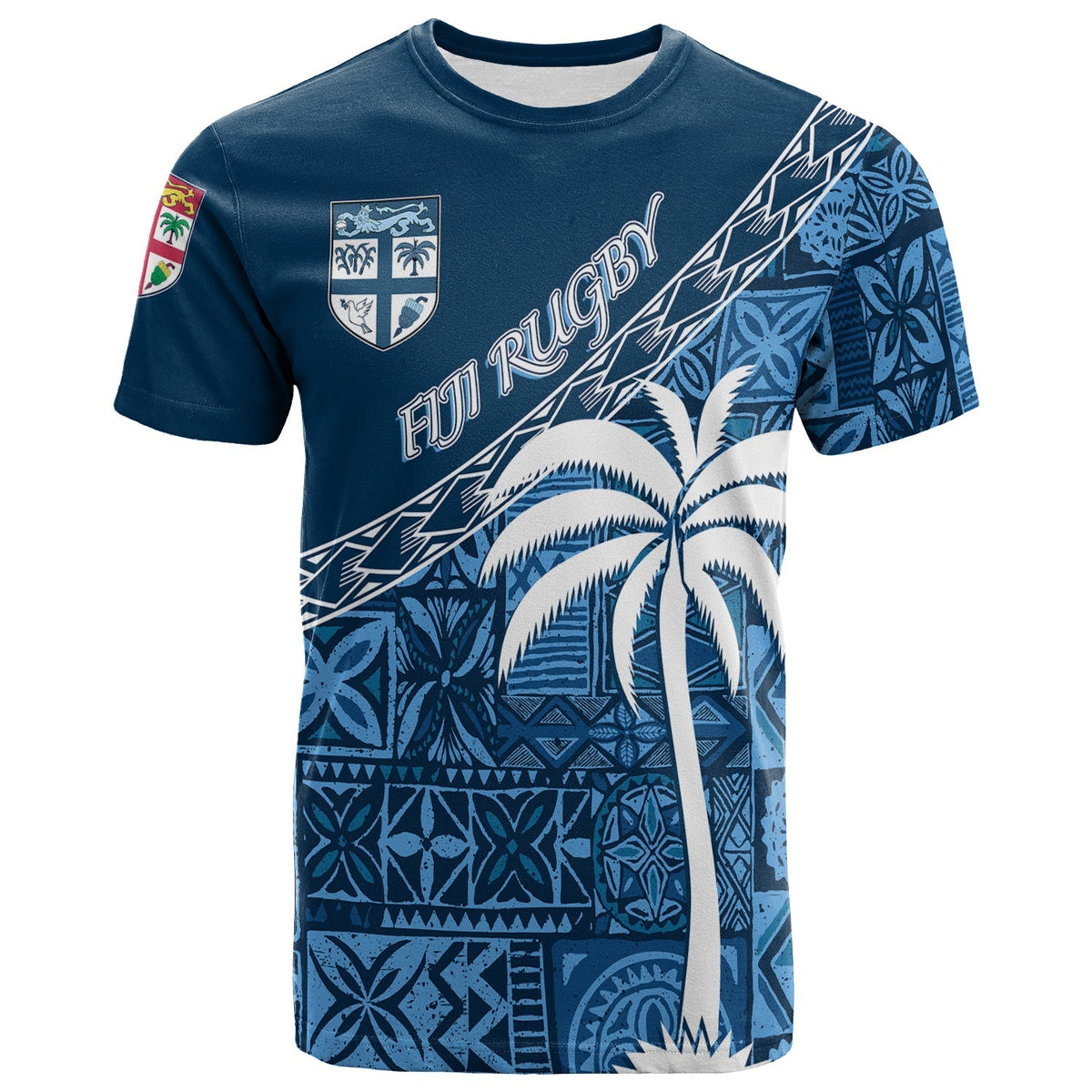 Custom Tapa Pattern with Palm Tree Fiji Rugby T Shirt - Wonder Print Shop
