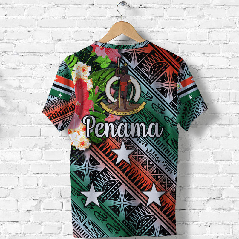 Green Penama graphic T-shirt with large 'Penama' text and floral highlights