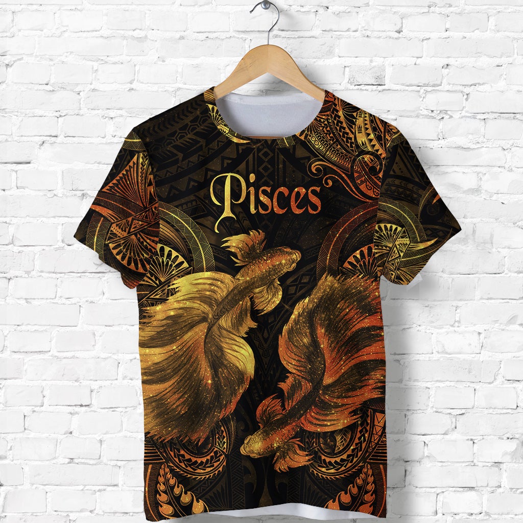 Custom Pisces Zodiac Polynesian T Shirt Unique Style Gold LT8 - Wonder Print Shop