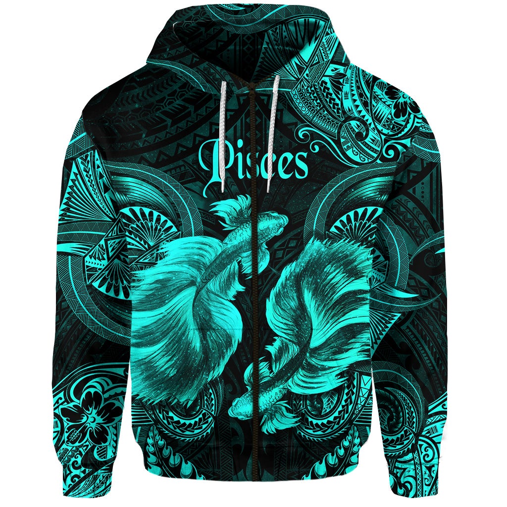 Pisces Zodiac Polynesian Zip Hoodie Unique Style Turquoise LT8 - Wonder Print Shop