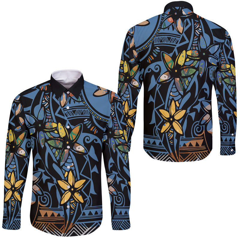 Plumeria Curve Polynesian Hawaii Long Sleeve Button Shirt - Wonder Print Shop