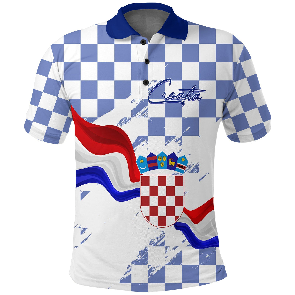 Croatia Polo Shirt Checkerboard Grunge Style Blue Color - Wonder Print Shop
