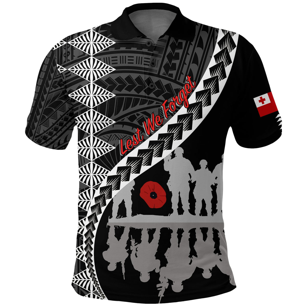 Tonga ANZAC Day Black and White Polo Shirt Lest We Forget - Wonder Print Shop