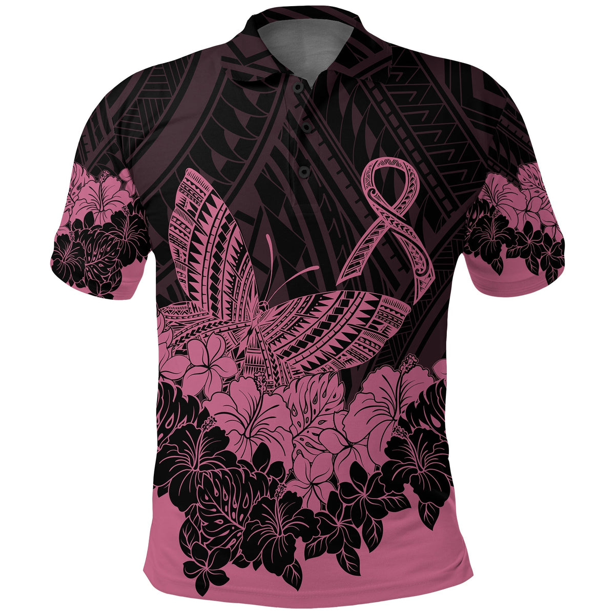 Polynesian Breast Cancer Awareness Polo Shirt Floral Butterfly - Wonder Print Shop