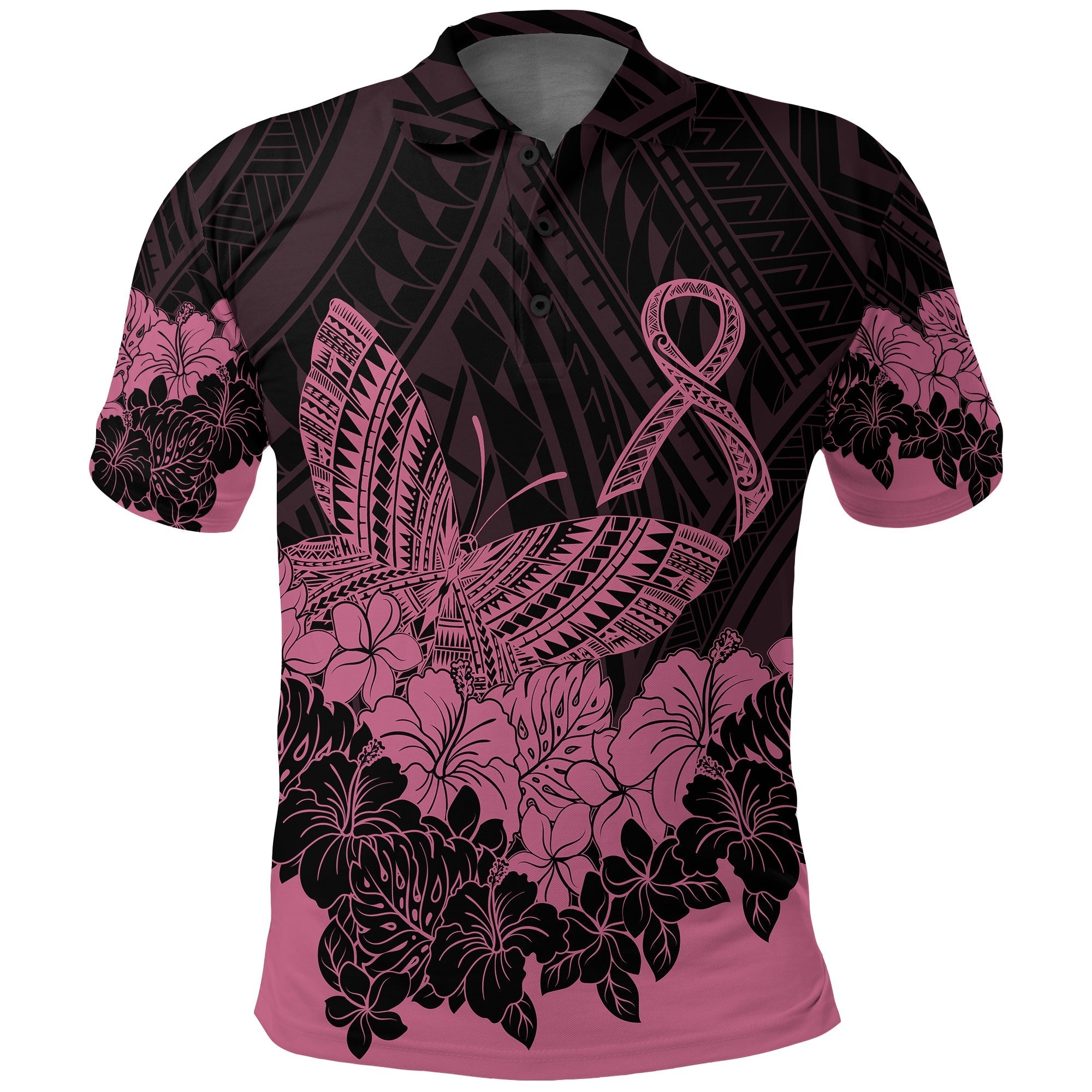 Polynesian Breast Cancer Awareness Polo Shirt Floral Butterfly - Wonder Print Shop