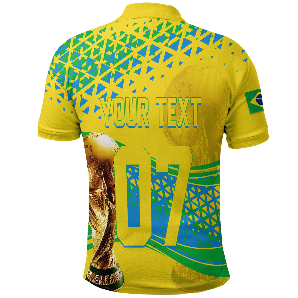 Yellow polo shirt back with large 17 number and blue-green pattern