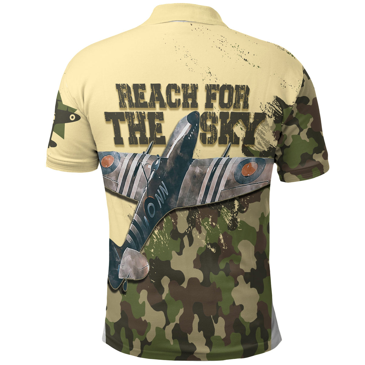 Camouflage polo shirt with “Reach for the sky” back print and Spitfire plane graphic