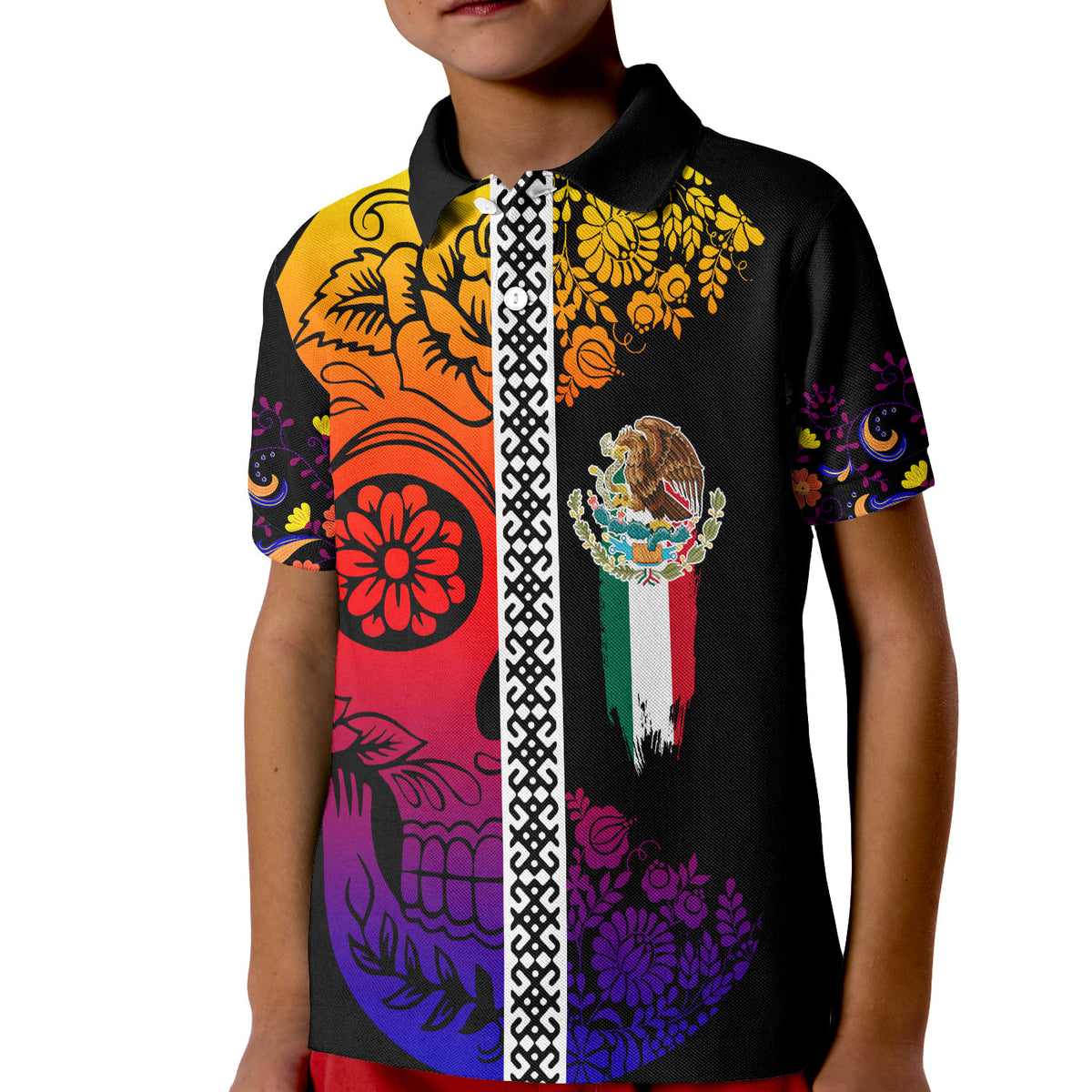 Mexican Dia de Muertos Sugar Skull Polo Shirt for Kid Viva Mexico - Wonder Print Shop