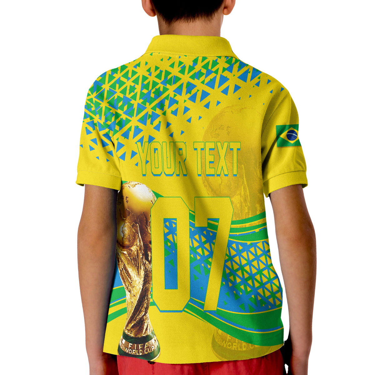 Kids yellow Brazil polo shirt back with green/blue pattern, 07 and flag patch