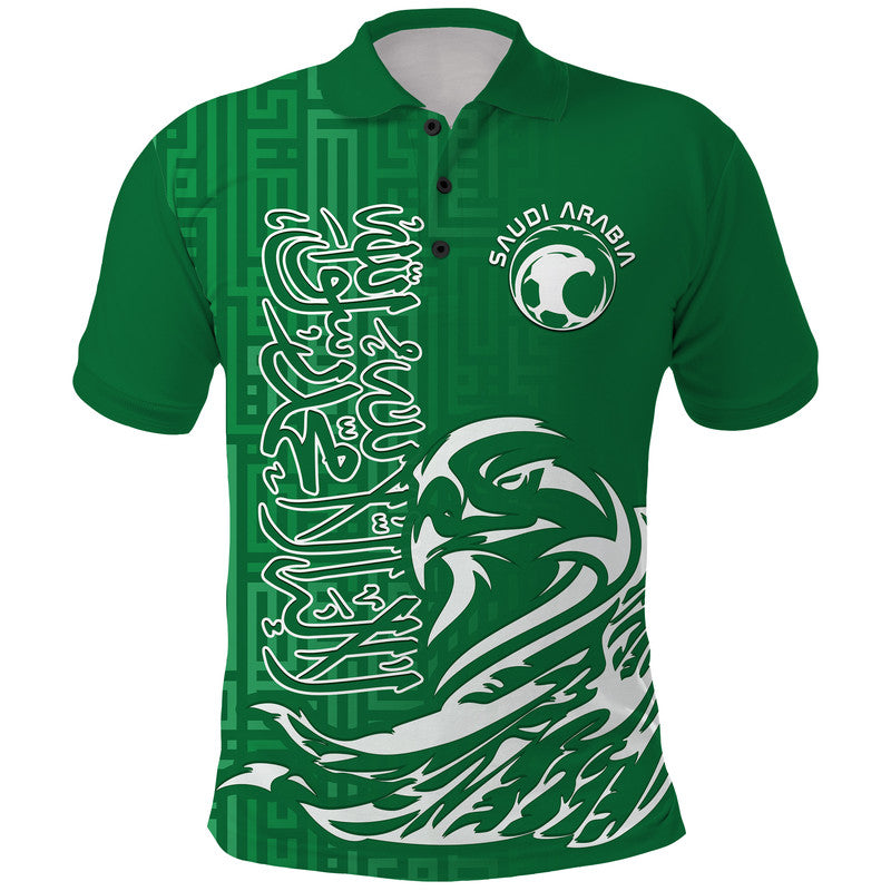 Custom Saudi Arabia Football Falcon Bird And Arabic Text Polo Shirt - Wonder Print Shop