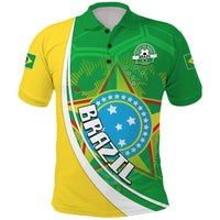 Green and yellow football polo shirt with Brazil crest and diagonal white trim.