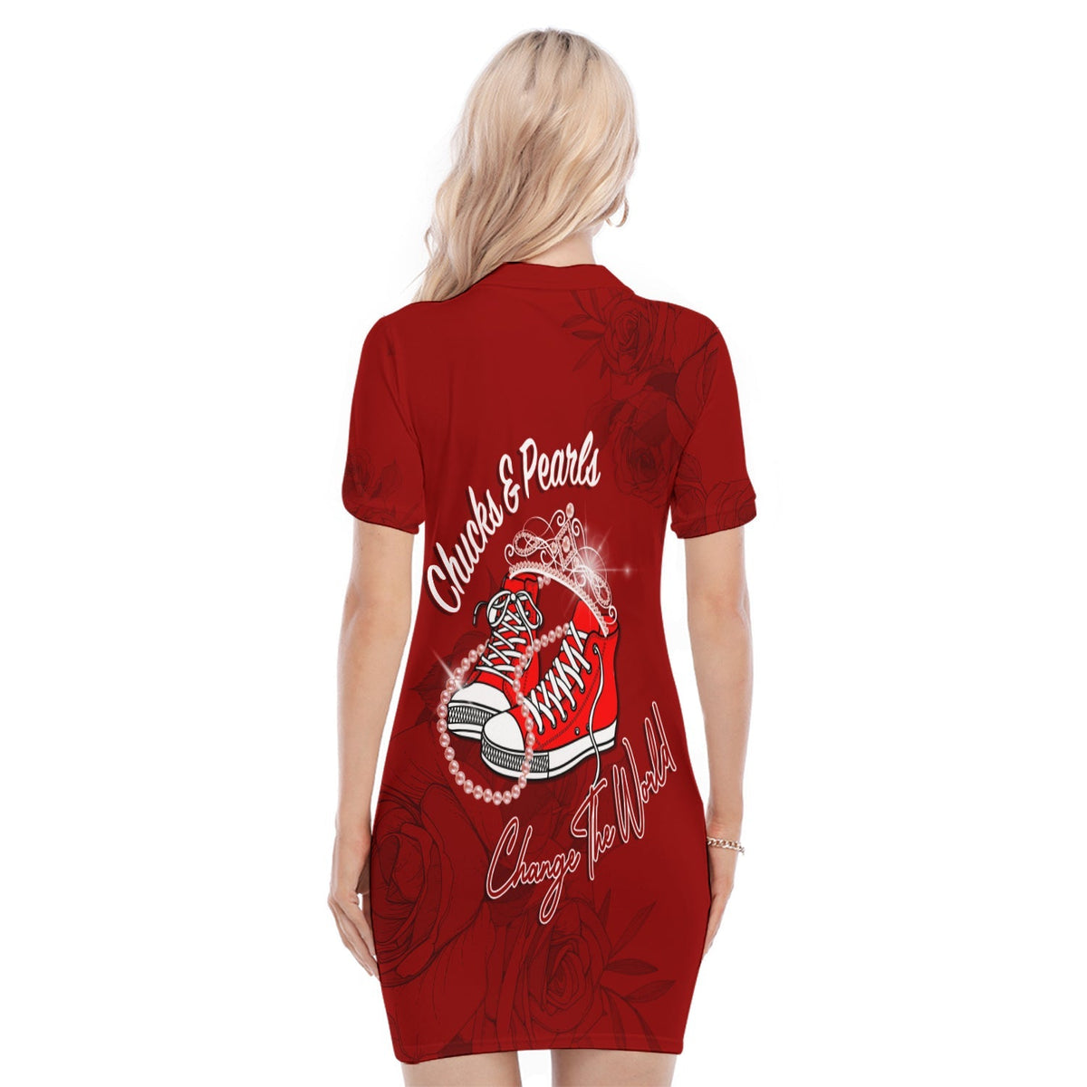Red polo dress back view with Chucks & Pearls graphic and floral pattern