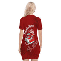 Red polo dress back view with Chucks & Pearls graphic and floral pattern