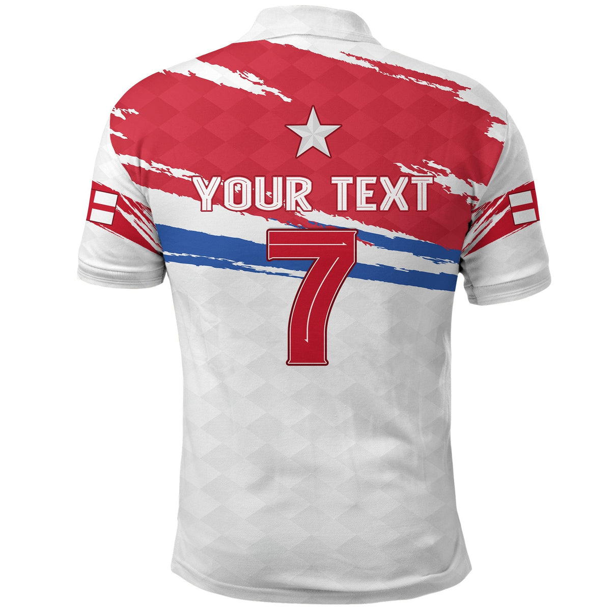 Polo shirt back: custom text over star, number 7, England red white blue stripes