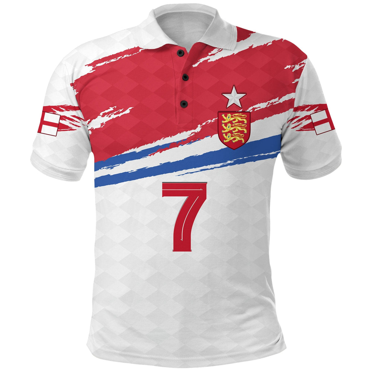 England polo shirt front: button collar, red top panel, star crest and number 7