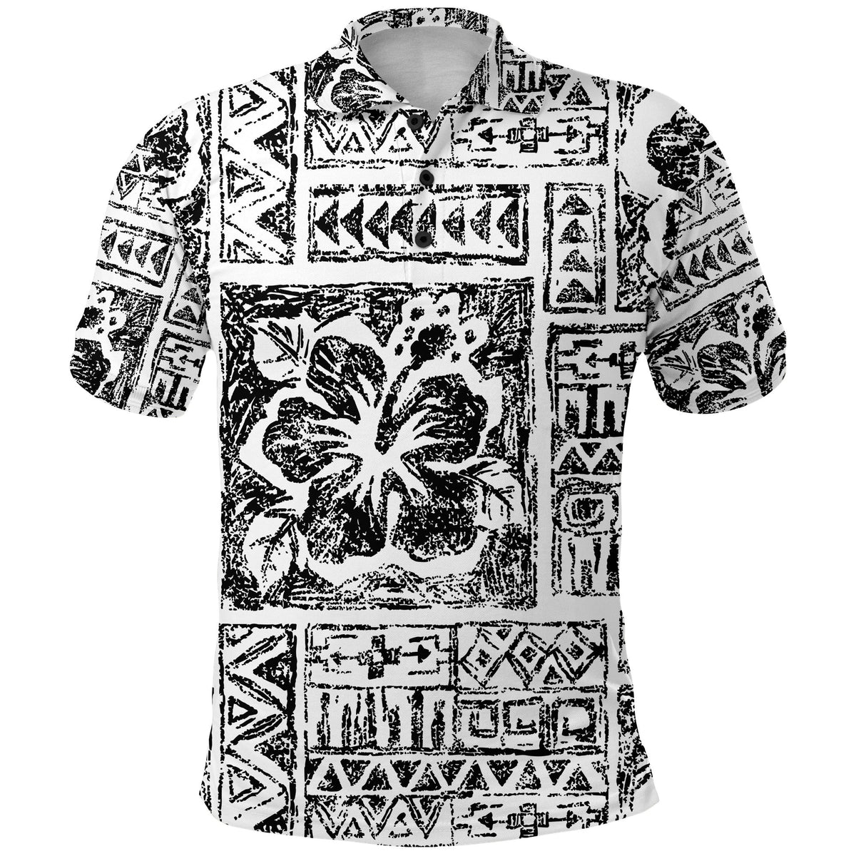 Fiji Tribal Black Polo Shirt Triple Hibiscus Tapa Style - Wonder Print Shop