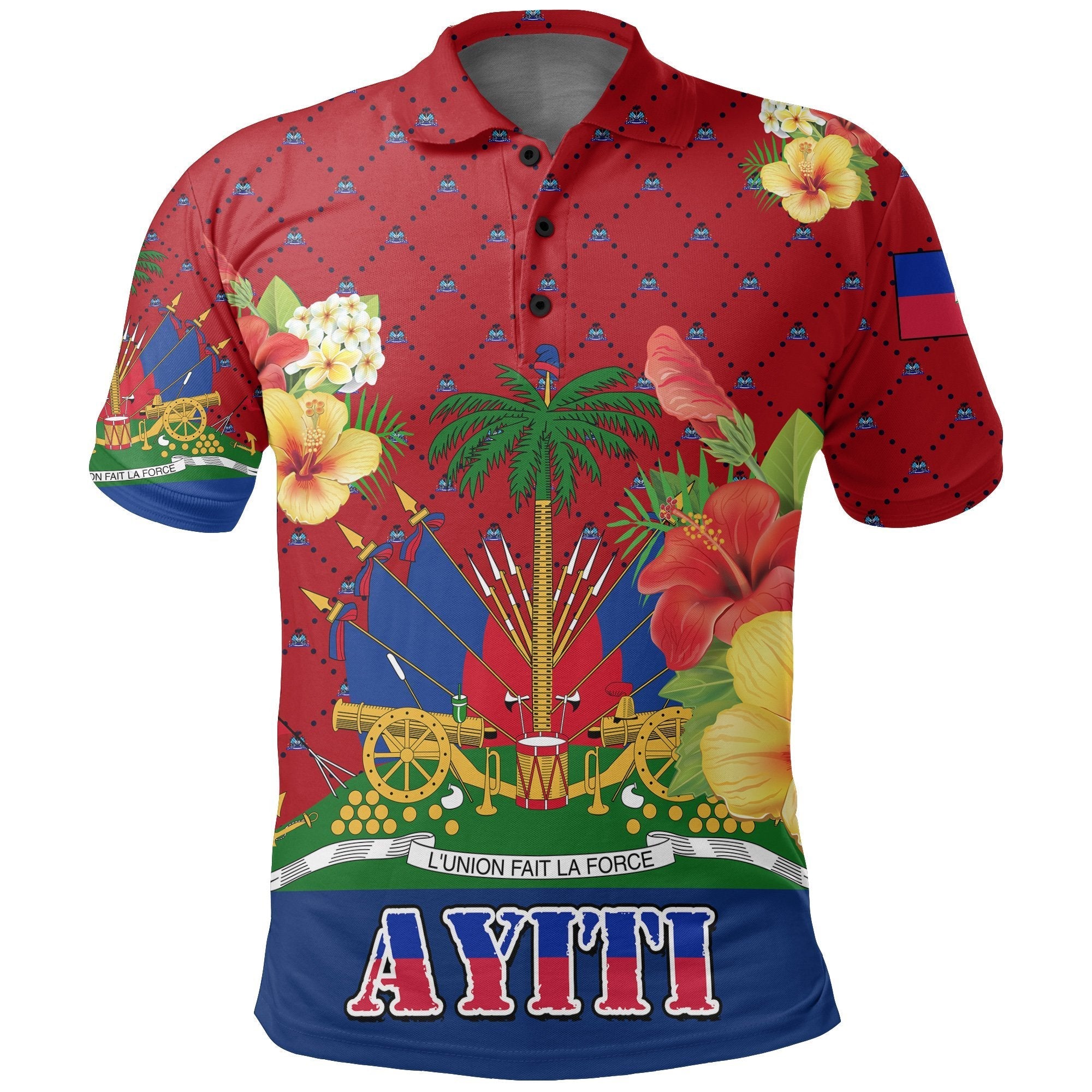 haiti-polo-shirt-coat-of-arms-hibiscus-plumeria-red